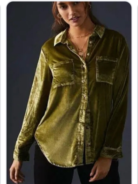 Pilcro Tops - Anthropologie - Pilcro Olive Green Velvet Button-Down Shirt Size S NWT